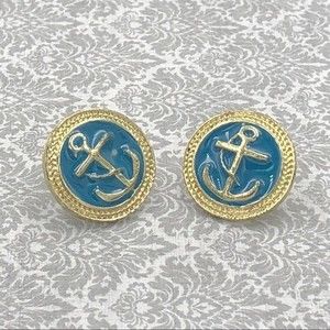 🍀 Aqua Blue Round Gold Anchor Earrings